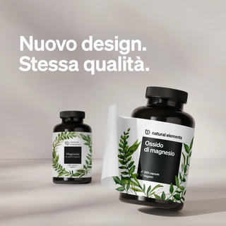 Due flaconi di integratori di magnesio con un nuovo design dell'etichetta sono esposti; sull'etichetta frontale c'è scritto "Ossido di magnesio" e sopra il testo "Nuovo design. Stessa qualità."