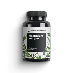 Un'elegante bottiglia nera con l'etichetta "Magnesio Complesso Capsule" di NATURAL ELEMENTS promette supporto muscolare e mentale. Contiene 180 capsule vegane, decorate con un design a foglia che ne completa l'essenza naturale.