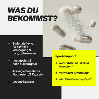 Eine Gruppe von Kapseln ist neben einer Liste abgebildet, die einen 3-Monats-Vorrat an hochdosierten, veganen Magnesiumkapseln mit positiven Auswirkungen auf Muskeln, Knochen, Müdigkeit und das Nervensystem beschreibt.