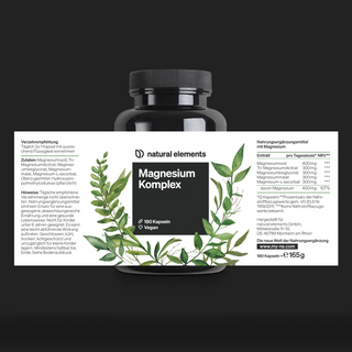 Eine schwarze Flasche mit der Aufschrift „Magnesium Komplex“ mit Nährwertangaben, Inhaltsstoffen und Pflanzenabbildungen auf weißem Hintergrund. Enthält 180 vegane Kapseln aus natürlichen Inhaltsstoffen.