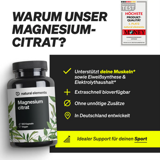 Eine Flasche Magnesiumcitrat von Natural Elements mit aufgeführten Produktvorteilen, darunter Muskelunterstützung, hohe Bioverfügbarkeit, keine unnötigen Zusatzstoffe und Entwicklung in Deutschland.
