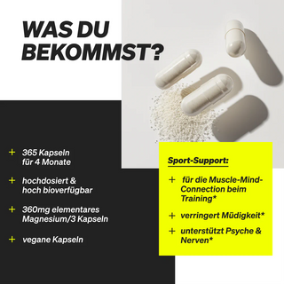 Drei weiße Kapseln, von denen eine geöffnet ist und weißes Pulver enthält, mit deutschem Text, der die Vorteile und Eigenschaften von Magnesiumergänzungen auflistet, darunter hohe Bioverfügbarkeit und vegane Kapseln.