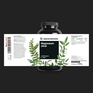 Eine schwarze Flasche Natural Elements Magnesiumcitrat, 365 vegane Kapseln, abgebildet mit einem weißen Etikett mit grünen Blättern und Produktinformationen in deutscher Sprache.