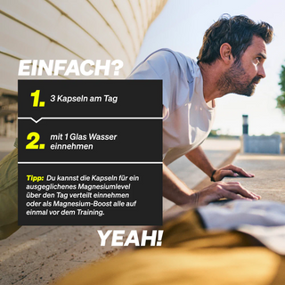 Ein Mann macht Liegestütze im Freien; eine eingeblendete Infografik auf Deutsch erklärt, wie man täglich Magnesiumkapseln für einen Energieschub einnimmt.