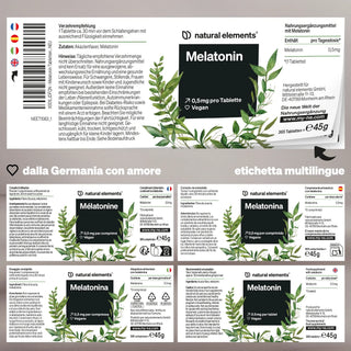 Etichetta per l'integratore alimentare natural elements Melatonina, 0,5 mg per compressa, vegano, con ingredienti e istruzioni per l'uso in più lingue. Un design a foglie verdi adorna l'etichetta.
