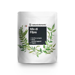 Ein "Mix di Fibre"-Beutel mit grünen Blattillustrationen und italienischem Text, der darauf hinweist, dass er vegan und zuckerfrei ist und Feigen und Pflaumen enthält.
