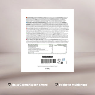 Retro di una confezione di prodotto con testo multilingue, codice a barre e informazioni nutrizionali, inclusi icone ed etichette italiane, che evidenziano l'origine tedesca e l'etichetta multilingue.