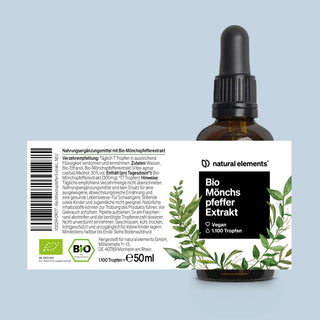 Eine Flasche Natural Elements Bio Mönchspfeffer Extrakt mit einem Etikett mit Dosierungsanweisungen, Vegan- und Bio-Zertifizierungen sowie einer grünen Blattgrafik.
