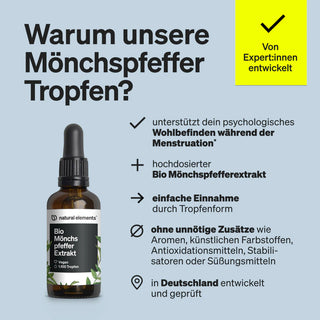 Eine Flasche Bio Mönchspfeffer Extrakt von Natural Elements mit den wichtigsten Vorteilen, darunter psychologische Unterstützung während der Menstruation, Bio-Extrakt, einfache Tropfen, keine unnötigen Zusatzstoffe und deutsche Produktion.