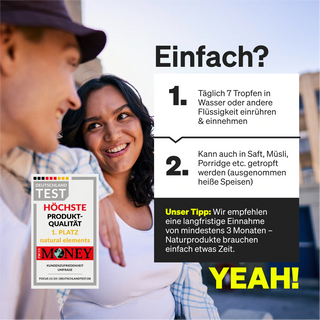 Eine lächelnde Person steht neben einer deutschen Gebrauchsanweisung für ein Nahrungsergänzungsmittel mit Dosierungstipps und einer hervorgehobenen Empfehlung für die Langzeiteinnahme.