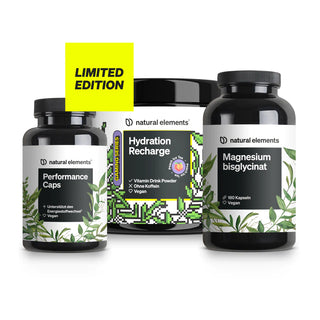 Zu sehen sind „Performance Caps“, „Hydration Recharge“ und „Magnesium-Bisglycinat“ aus dem Motorsport-Bundle von natural elements, mit einem gelben „Limited Edition“-Etikett über der mittleren Dose.