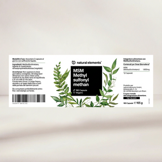 Beipackzettel für "natural elements" MSM Methylsulfonylmethan, 180 vegane Kapseln mit Produktinformationen auf Italienisch und Deutsch.