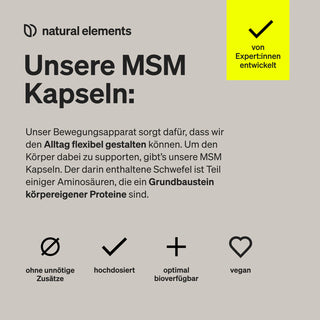 Infografik zu MSM-Kapseln, zeigt Vorteile wie Flexibilität, Beweglichkeit, Reinheit, Bioverfügbarkeit, vegan & natürlich. Hinweis: "von Expert:innen entwickelt.