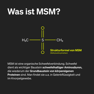 Diagramm der Strukturformel von MSM mit Text über seine Rolle als natürliche Schwefelverbindung, die für Aminosäuren und Proteine wichtig ist.