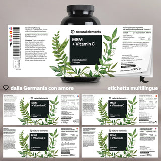 MSM + Vitamin C Tabletten, mehrsprachiges Etikett mit grünen Blättern und Vegan-Symbol; hergestellt in Deutschland.