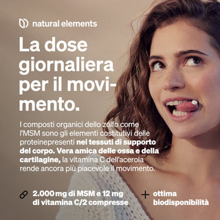 Donna che tira fuori la lingua con un integratore alimentare; testo italiano promuove integratori di MSM e Vitamina C per la salute delle articolazioni e della cartilagine ed evidenzia il dosaggio e la biodisponibilità.