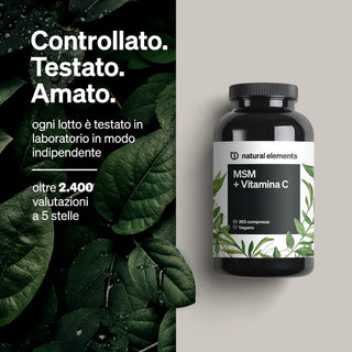 Eine MSM + Vitamin C Flasche von Natural Elements mit italienischem Text zu Qualitätstests und Kundenbewertungen.