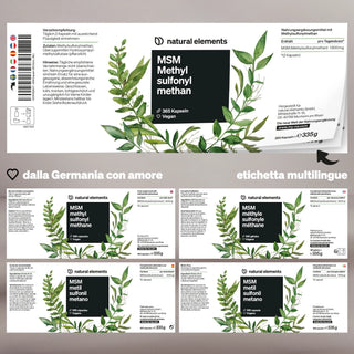 Mehrsprachige Produktetiketten von MSM Kapseln mit grünen Blättern und hervorgehobenen Produkteigenschaften.