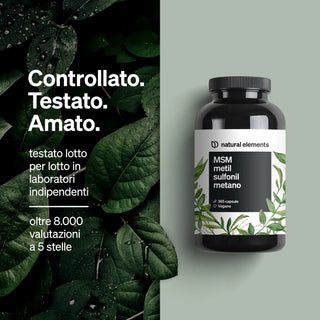 Una bottiglia dell'integratore alimentare Natural Elements MSM è esposta accanto a foglie verdi, con testo in italiano che evidenzia il controllo qualità e le recensioni positive.