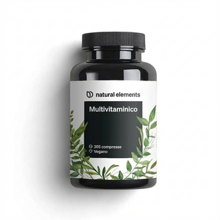 Multivitaminico von natural elements mit Blattgrafik für vegane Formel, enthält 365 Tabletten.