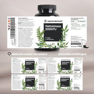 Eine Flasche Natural Elements Nattokinase 2000FU vegan Kapseln mit mehrsprachigem Etikett, grünen Blättern und Branding.