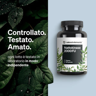 Una bottiglia di Nattokinase 2000FU di Natural Elements è mostrata accanto a piante verdi, con un testo italiano sui test di laboratorio indipendenti.