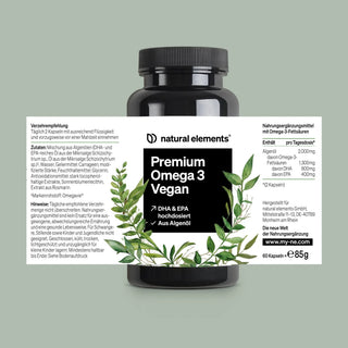 Eine Flasche Nahrungsergänzungsmittel „Premium Omega 3 Vegan“ von Natural Elements mit 60 Kapseln, mit Zutaten- und Nährwertangaben auf dem Etikett.