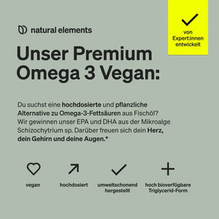 Werbegrafik für ein veganes Omega-3-Präparat aus Mikroalgen, das die Vorteile für Herz, Gehirn und Augen hervorhebt und Symbole für vegan, hochdosiert, umweltfreundlich und Bioverfügbarkeit enthält.