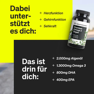 Flasche mit veganem Omega-3-Ergänzungsmittel mit Text, der die Vorteile für Herz, Gehirn und Sehkraft hervorhebt und die Inhaltsstoffe auflistet: 2000mg Algenöl, 1300mg Omega 3, 800mg DHA, 400mg EPA.
