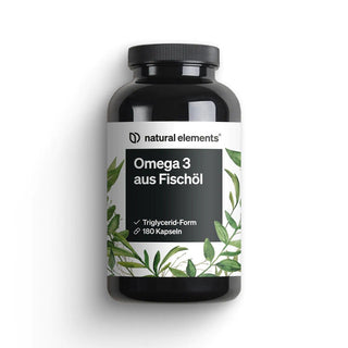 Omega 3 aus Fischöl von NATURAL ELEMENTS 180 Omega-3-Fischöl-Kapseln in Triglyceridform, reich an Fettsäuren und unterstützen die Herzfunktion und die allgemeine Gesundheit.