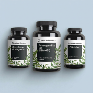 Complesso di Magnesio, Ashwagandha Bio (KSM-66®), und L-Triptofano von Natural Elements mit grünen botanischen Etiketten.