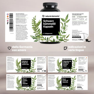 Una bottiglia di capsule di olio di Nigella di natural elements è mostrata con la sua etichetta e informazioni sul prodotto in diverse lingue, decorata con illustrazioni di foglie verdi.