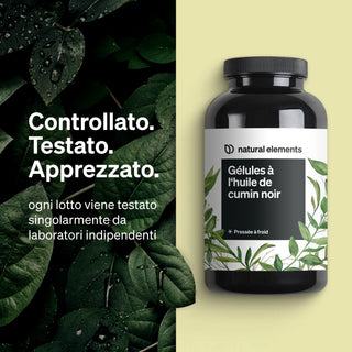 Una bottiglia di capsule di olio di cumino nero è mostrata su uno sfondo di foglie verdi con testo italiano e francese che evidenzia test di laboratorio indipendenti.