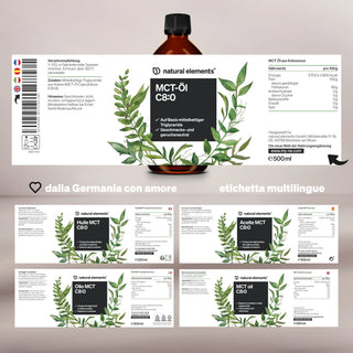 Etichetta per una bottiglia di olio MCT di Natural Elements, con ingredienti, valori nutrizionali e testo multilingue, decorata con foglie verdi su sfondo bianco.