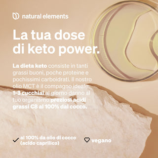 Der italienische Text wirbt für MCT-Kokosöl als Keto-Ergänzung und hebt vegane, zu 100 % aus Kokosnuss gewonnene Zutaten und natürliche Elemente hervor.