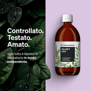 Italienischer Text über unabhängige Labortests neben einer Flasche mit der Aufschrift natural elements Olio MCT C8:0.