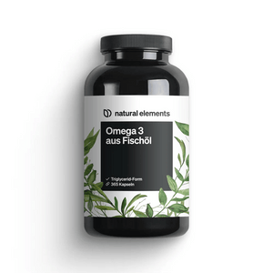 Un flacone di capsule di olio di pesce Omega-3 di NATURAL ELEMENTS presenta un'etichetta con design a foglia e testo in tedesco, ideale per il supporto della funzione cardiaca.