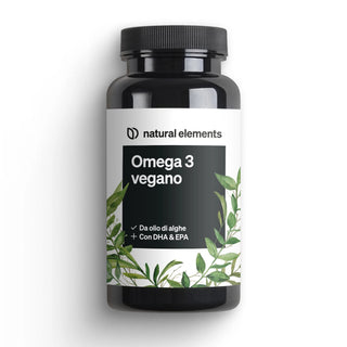 Bezeichnung "Omega 3 vegano" von Natural Elements, mit Schwerpunkt auf Algenöl mit DHA und EPA und grünen Blättern.