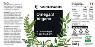 Etichetta dell'integratore alimentare "Omega 3 Vegano" da materie prime naturali con dettagli del prodotto, ingredienti, istruzioni per l'uso, e simboli vegani e senza plastica. L'immagine contiene foglie verdi.