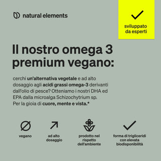 Grafica pubblicitaria per Omega-3 vegano di alta qualità di Natural Elements, che evidenzia DHA ed EPA vegetali da microalghe, con simboli per la formula vegana, altamente dosata, ecologica e biodisponibile.