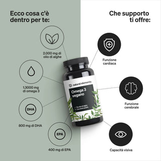 Die Infografik listet die Inhaltsstoffe von veganen Omega-3-Ergänzungsmitteln - Algenöl, DHA, EPA - und die wichtigsten Vorteile für Herz, Gehirn und Sehkraft auf.