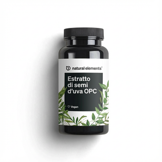 Produkt "natural elements Estratto di semi d'uva OPC" mit grünen Blattelementen - veganes Traubenkernextrakt.