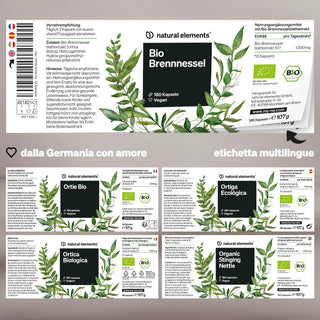 Natural Elements Bio Brennnessel-Kapseln mit grünem Blattdesign, mehrsprachigen Etiketten und Zertifizierungslogos auf der Verpackung.