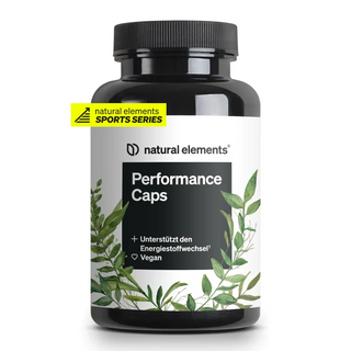 Performance Caps Kapseln von NATURAL ELEMENTS vegan, mit Koffein unterstützen den Stoffwechsel, mit B-Vitaminen angereichert.