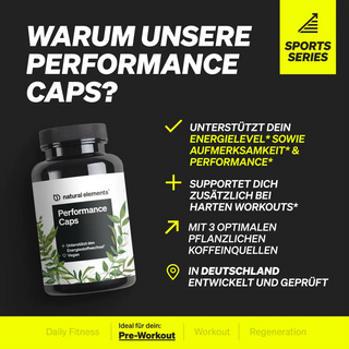 Schwarze Flasche Performance Caps von Natural Elements auf grauem Hintergrund, mit deutschem Text, der Energie, Konzentration und Trainingsunterstützung hervorhebt. Gelbes Sports Series-Etikett in der oberen rechten Ecke.