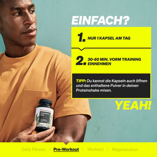 Mann im gelben Hemd hält eine Flasche mit Nahrungsergänzungsmitteln; der Text enthält Anweisungen zur Einnahme einer Kapsel pro Tag 30–60 Minuten vor dem Training und einen zusätzlichen Tipp.