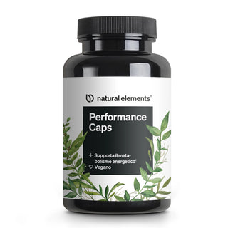 Performance Caps" von Natural Elements mit italienischem Text zu veganer Formel und Unterstützung des Energiestoffwechsels.