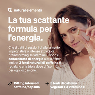 Una donna tiene una capsula in mano; il testo italiano promuove un integratore con caffeina e vitamine del gruppo B che fornisce energia, e indica dettagli e benefici del prodotto.