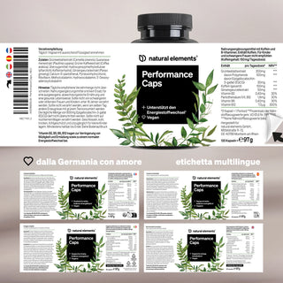 Mehrsprachiges Etikett und Nährwertangaben auf Natural Elements Performance Caps, mit grünem Blattdesign auf der Verpackung.