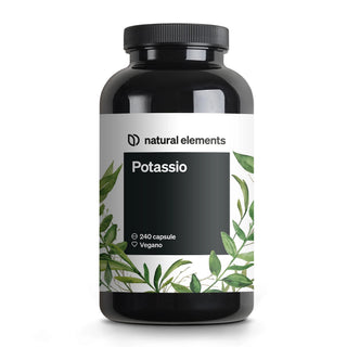 Una bottiglia nera con la scritta "natural elements Potassio" e un motivo a foglie bianco-verdi; contiene 240 capsule vegane.